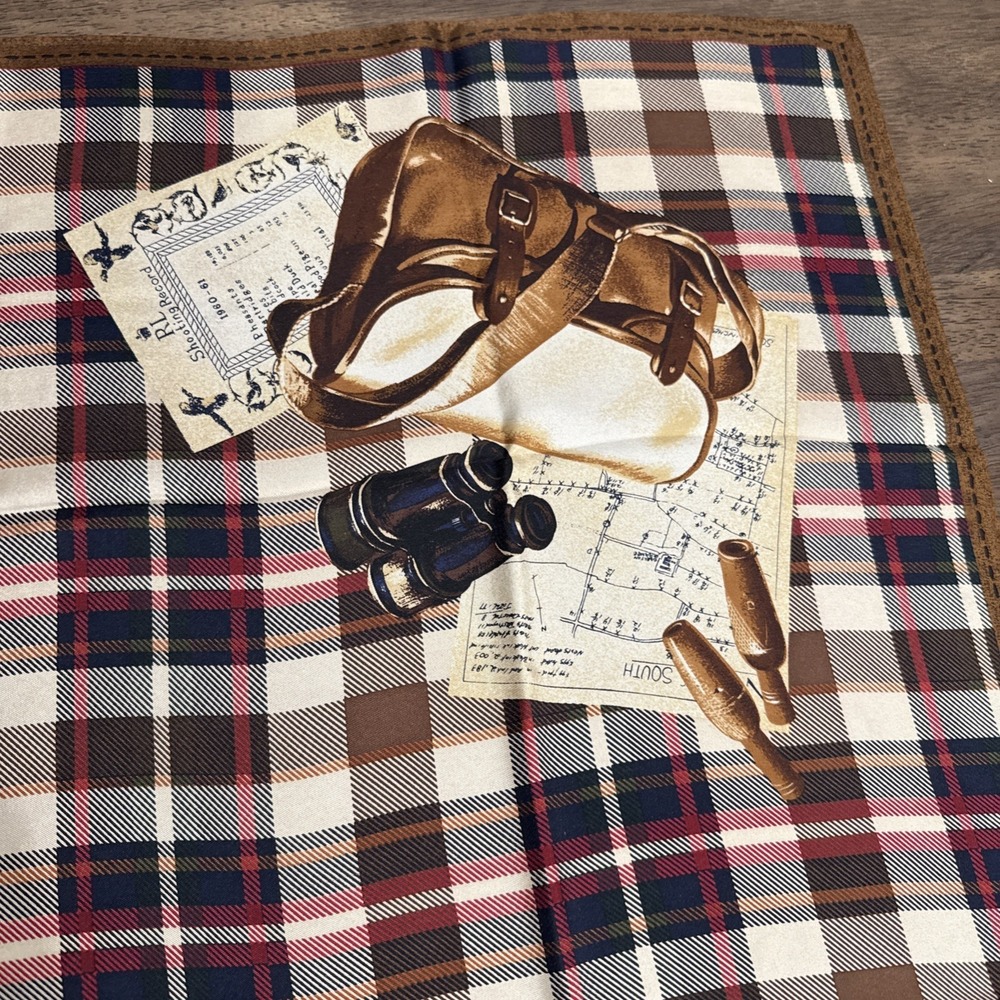 Vintage 34" Ralph Lauren Tartan Plaid Silk Scarf Hunting Sporting Dogs Ducks - Picture 5 of 8